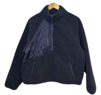 Arket Sweater Mens Large Crop Blue Fleece 1/4 Zip Mock Neck Pullover Pocket