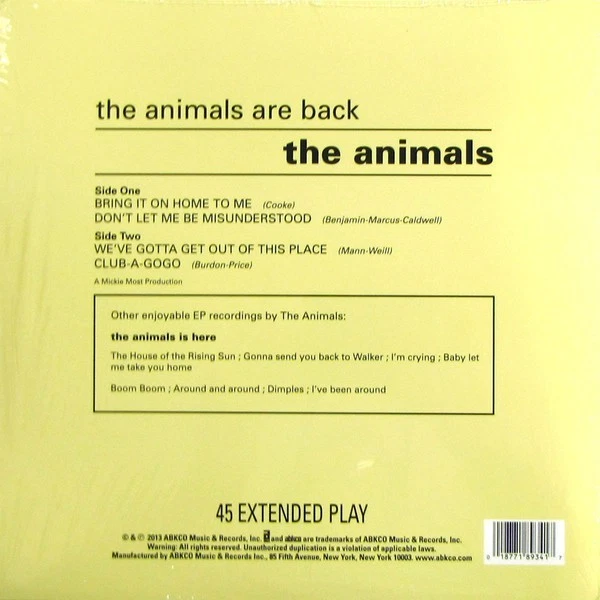 The ANIMALS - The Animals Are Back 10" ep New SEALED res re-issue vinyl - Image 2 of 2