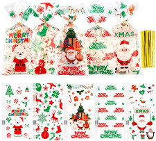 Christmas Treat Bags, 100 PCS Christmas Cellophane Treat Bags, Plastic Clear Xma