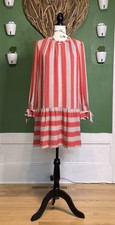 LOFT Striped Shift Dress Red White Green Tie Sleeve High Neck Short M