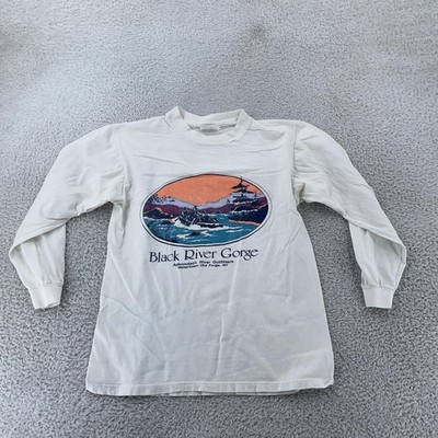Vintage Black River Gorge L/S T-Shirt XS White Water Rafting Art NY 90s USA