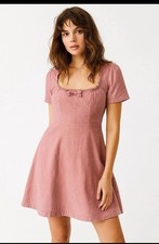 Urban Outfitters Pink Corduroy Mini Dress M Ruffle Square Neck Puff Sleeve