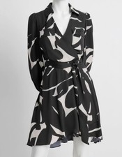 Dkny Womens' Black Printed Tie-Waist Collared Camp Shirtdress Size 10