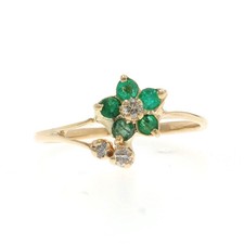 Yellow Gold Emerald Diamond Flower Cluster Halo Bypass Ring - 14k Round .16ctw