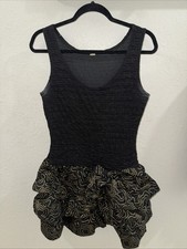 80s Prom Black Gold Crinkle Dress Basque Ruffle Tiered Big Bow Party SZ 7-8 S
