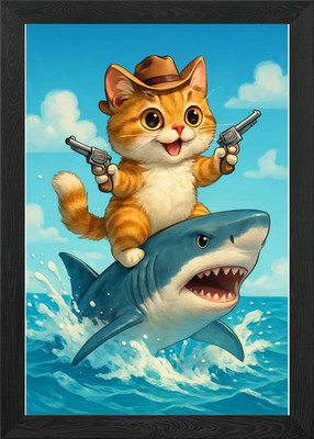 Cowboy Katze reitet Hai mit Waffen gerahmtes Wandbild Poster Leinwanddruck Bild