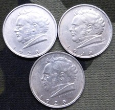 3 1928 Austrian 64% Silver 2-Schillings Coins, Franz Schubert, 3 Silver Coins