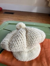 VTG Hand Knit Ivory Beret Crochet Newsboy Beanie Chunky Artsy Boho Hippie MINT