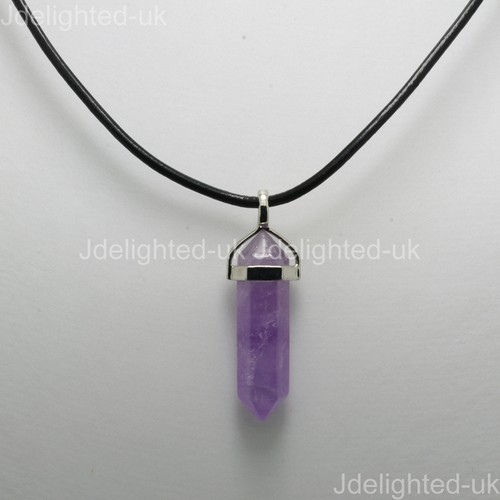 Natural Gemstone Hexagonal Point Reiki Chakra Pendant Real Leather Necklace Gold - Picture 5 of 41