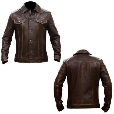 MEN'S GENUINE SHEEPSKIN LEATHER CLASSIC WESTERN TRUCKER DENIM STYLE SHIRT JACKET