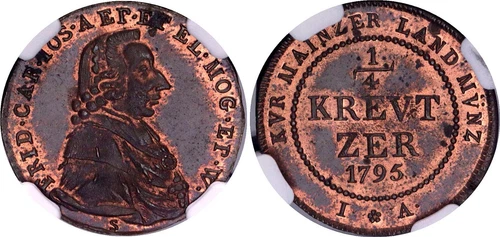 German States Mainz 1/4 Kreuzer 1795 S-IA Copper NGC MS64 BN Top Pop KM# 402