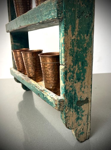 VINTAGE INDIAN SHELVING UNIT ART DECO DISTRESSED CAPPUCCINO GREEN & GREY TEAK - Picture 3 of 18