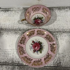 Vintage  Royal Sealy China Footed Tea Cup & Saucer Rose Pink & Gold