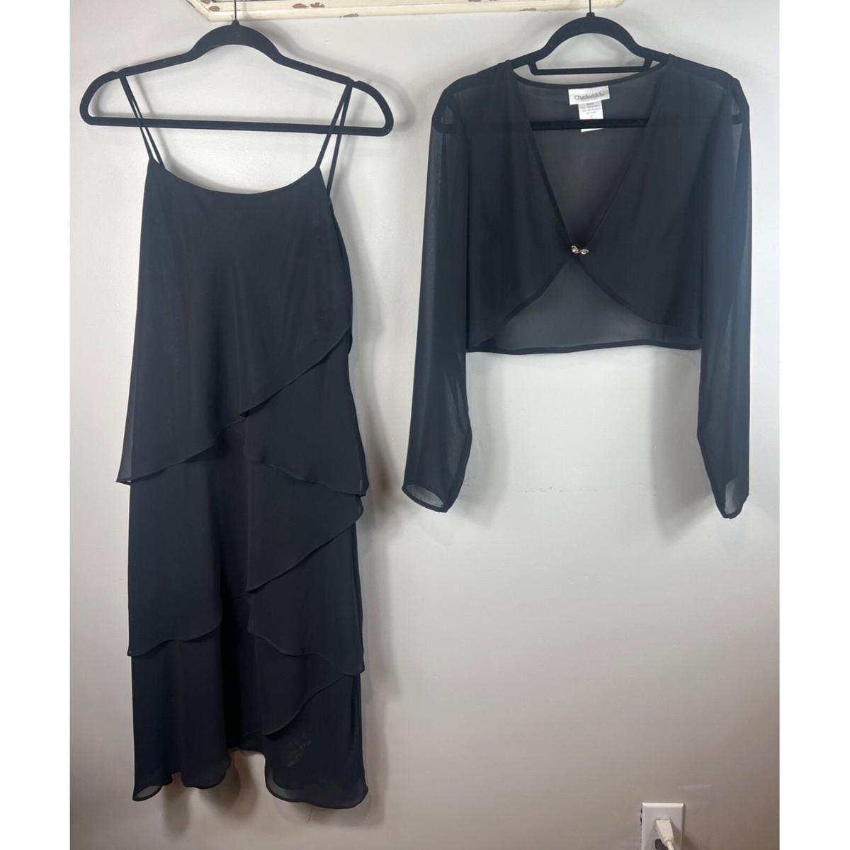 Chadwicks Midi Dress Draped Formal Sheer Spaghetti Strap w Jacket Size 8 Chadwicks Midi Dress Draped Formal Sheer Spaghetti Strap w Jacket Size 8