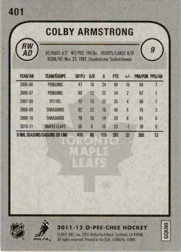 2011-12 O-Pee-Chee Colby Armstrong #401 - Image 2 of 2