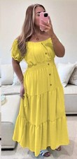 Women Ladies Elasticated Bardot Off Shoulder Button Magic Summer Long Maxi Dress