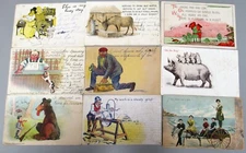 LOT (9) ANTIQUE PRE 1920s COMIC, HUMOROUS, CARTOON POSTCARDS, CONDITION AS SHOWN