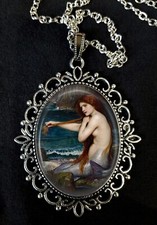 A Mermaid by J.W. Waterhouse Large Silver Pendant Necklace Pre-Raphaelite 