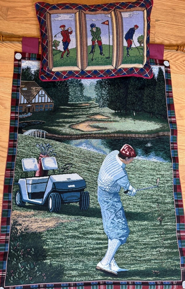Tapestry Golf Wall Hanging Decor  Man Cave Sports 26" W 35” H Wood Dowel & Pillo - Image 3 of 4