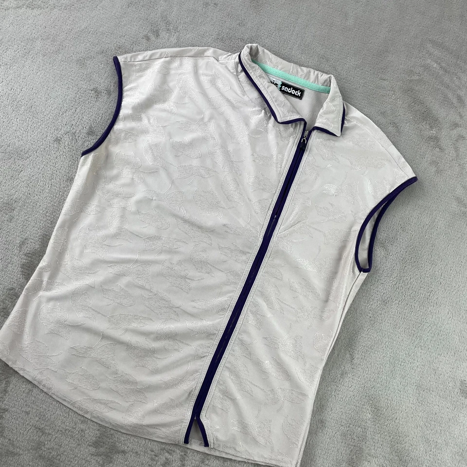 Blusa Jamie Sadock feminina sem mangas bege médio floral golfe PikleBall zíper ativo - Imagem 4 de 4