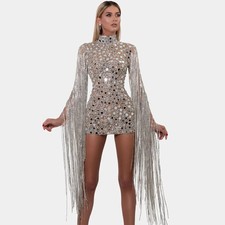 Sequin Crystal Tassel Sleeve Short Skirt Women's Party Dress Stage Costume