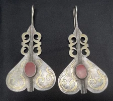 OLD TURKMAN  SILVER TEMPORAL ORNAMENTS WITH CARNELIAN