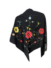 Vintage Flamenco Manton de Manila silk Black Fringed embroidered shawl 76  x34  