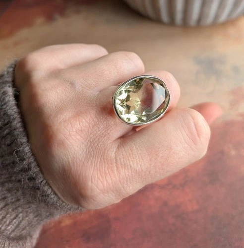 London 1975 Vintage Solid Silver Citrine Gemstone Large Oval Cocktail Ring P 1/2