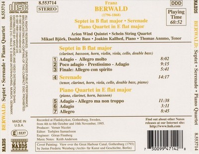 BERWALD: SEPTET IN B FLAT MAJOR; SERENADE; PIANO QUARTET IN E FLAT MAJOR NEW CD