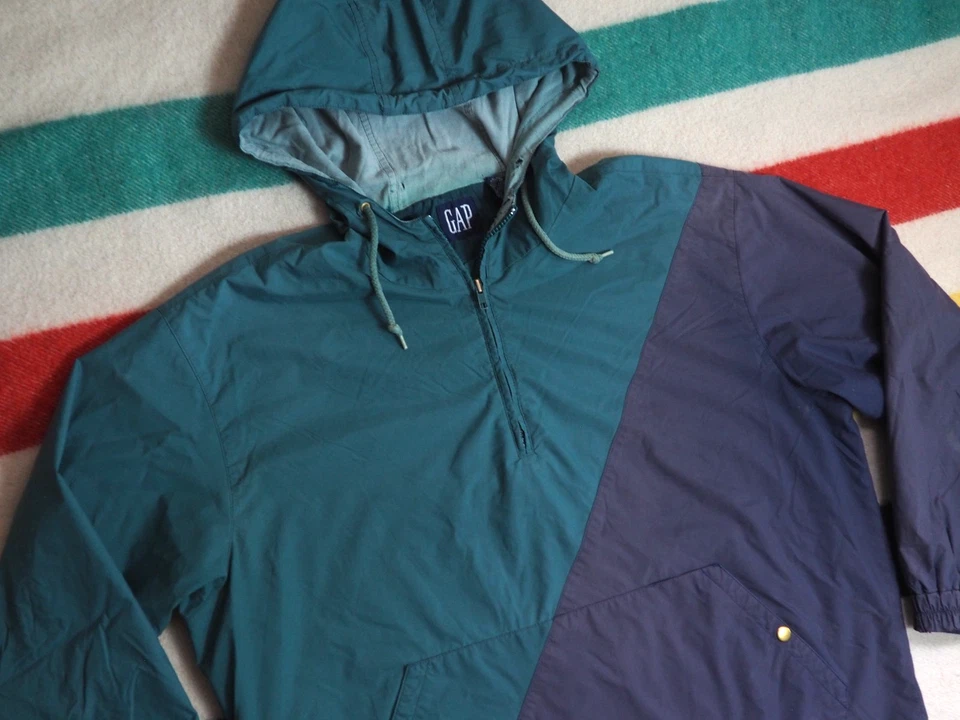 Chaqueta cortavientos Anorak vintage años 90 GAP verde azulado azul holgada descolorida 1/2 cremallera para hombre M Foto 2 de 4