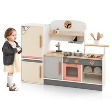 GYMAX Children's Wooden Kitchen with Fridge Oven Water Basin 2 Hobs 3Y+
