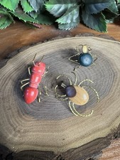 Vintage MCM Handmade Wooden Insect Bug Pins Lot of 3 Ant Spider Beetle Brass