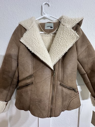 NWT Levi's Faux Shearling Asymmetrical Sherpa Lined Hoodie Moto Jacket Medium - Picture 2 of 8