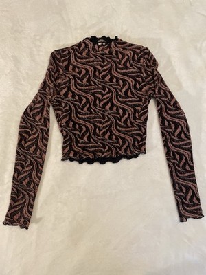 Babilan Magazine Black Pink Glitter Abstract Mock Neck Cropped Blouse Women's S