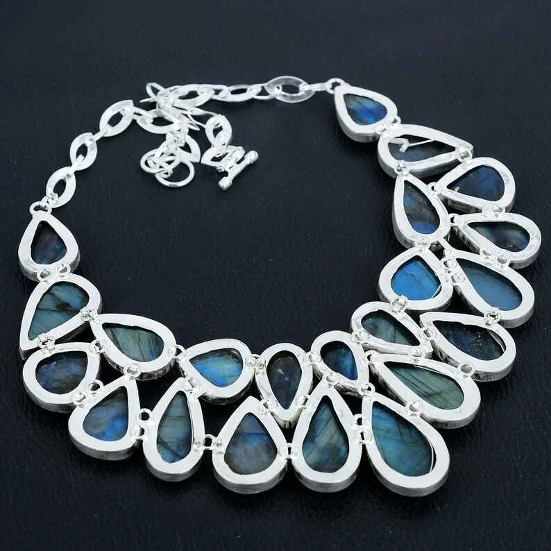 Ожерелье из стерлингового серебра 925 пробы с лабрадоритом ювелирное изделие размер 17–18 дюймов - Изображение 4 из 4