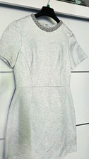 Spotlight by Warehouse Silver Jacquard Beaded Neck Shift Dress Short Sleeve 10