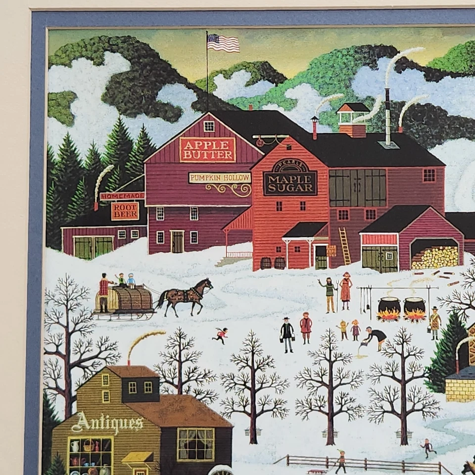 Charles Wysocki 带框艺术印花 17.5 x 21.5 冬季滑雪村 美国 — 第 4/4 张图片