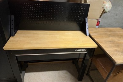 Husky Work Bench Black Light Metal Pegboard Back Drawer Storage Wooden Top 4ft L