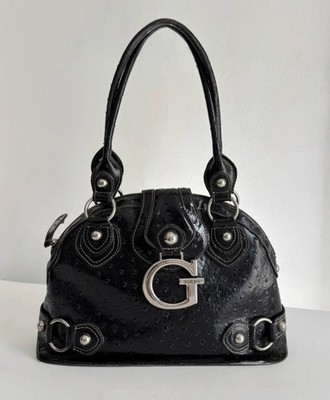  Vintage Guess Y2K Umhängetasche schwarz Monogramm Leder 2000 Edgy Grunge RAR 90er