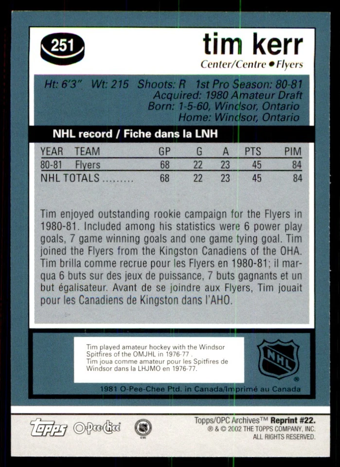 2001-02 Topps / O-Pee-Chee Archives Tim Kerr #22 - Image 2 of 2