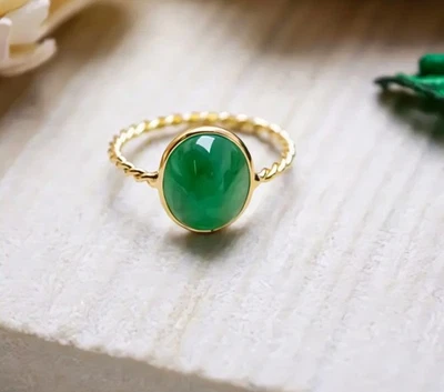 Natürlich 2.5CT Oval Cabochon Smaragd Ring 14kt Massiv Gelbgold Gedreht Band - Bild 1 von 4