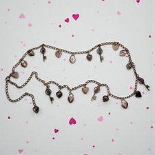 Silver Tone Chain Link Hanging Charm Puffy Heart Padlock Key Adjustable Belt 50"