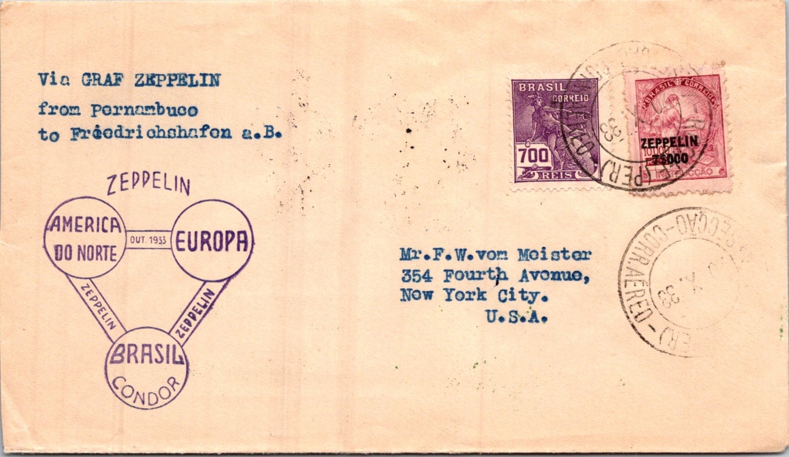 BRAZIL 1933 POSTAL CACHET VIA GRAFF ZEPPELIN COVER ADDR N.Y. USA & POSTMARK
