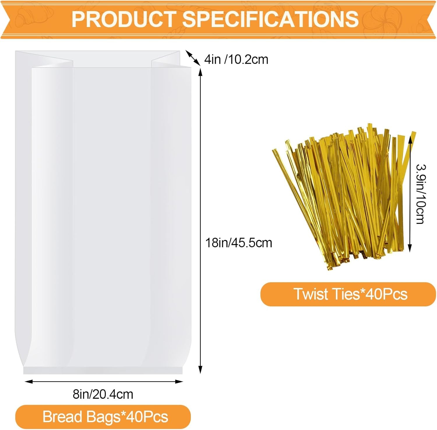 Vivinin 70 Pack Clear Bread Bags (8" x 4" x 18") & 100 One Size, Transparent 