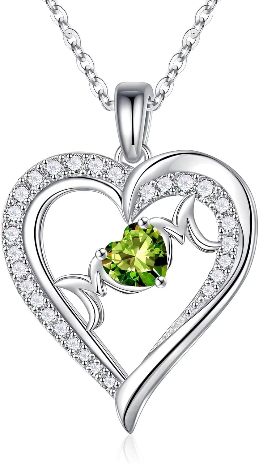 Mom Gifts Mom Birthstone Necklaces, 925 Sterling Silver Heart Pendant Birthstone