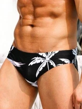 New Men's Sexy Black Palm Low Rise Bikini Swim Brief w/Contoured Pouch - Gay