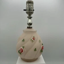 Boudoir Lamp Satin Floral Pink Roses Reverse Painted Embossed Vintage MCM (B)