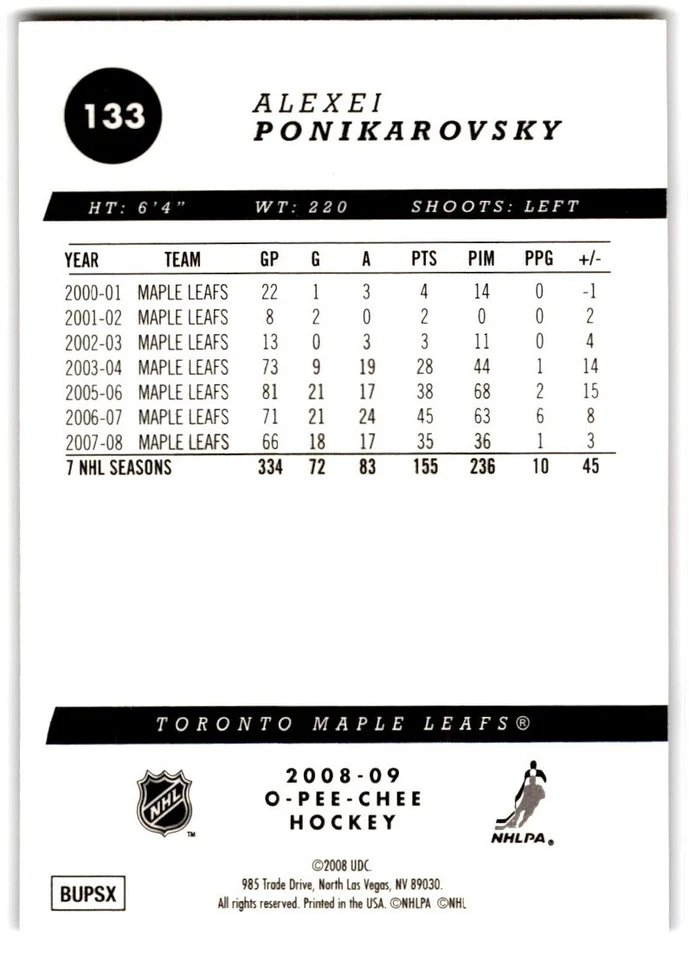 2008-09 O-Pee-Chee Gold Alexei Ponikarovsky #133 Toronto Maple Leafs - Image 2 of 2