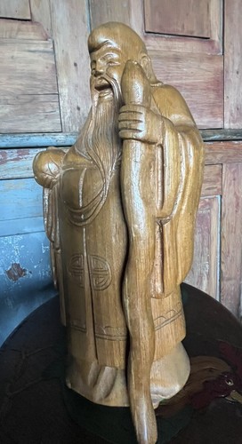 Chinese Antique Hand Carved Wooden Statue of Shou Lao God of Longevity - Picture 3 of 10
