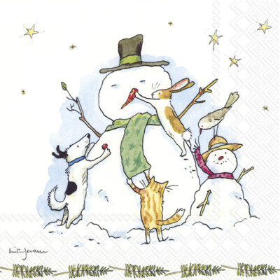 Anita Jeram 20 Servietten''Snowman with Friends''Winter*Hase*Vogel 33x33/25x25 IHR